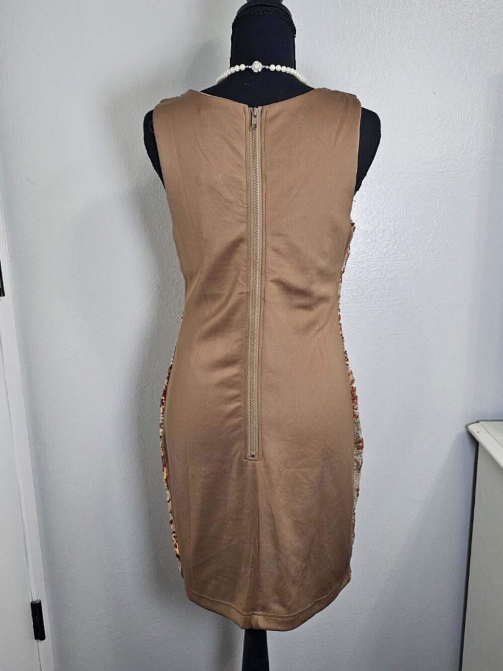 NEW Available Brown Beige Sequin Sleeveless Women's Cocktail Dress - Size Medium - Picture 4 of 7